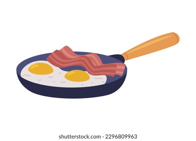 Scrambled Eggs and Bacon on Frying Pan as Tasty Breakfast or Brunch with Typical Food Vector Illustration