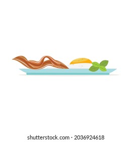 Scrambled eggs with bacon on a plate. Vector illustration in flat style.