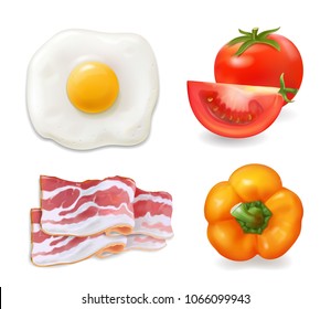 Scrambled eggs, bacon, tomato pepper. Omelette, fried eggs ingredients