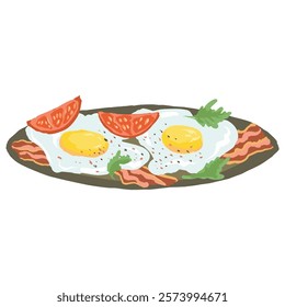 Scrambled eggs with bacon and tomato slices on a plate. Colorful hand drawn illustration, vector