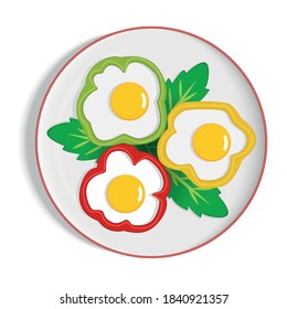 huevos revueltos en pimiento de campana con plato blanco verde, tortilla, vector