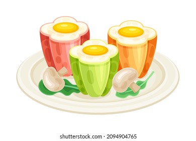 Scrambled eggs in bell peppers. Tasty food dish for breakfast vector illustration