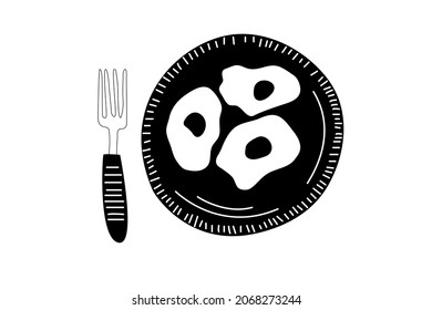 Huevos dorados en blanco y negro sobre un fondo blanco de estilo sencillo, ilustración con desayuno, adecuado para el menú	