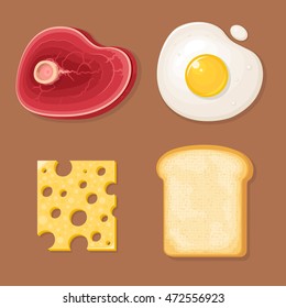 Scrambled eggs, bread, meat, cheese, Vector illustration in flat, cartoon style isolated from the background, EPS 10