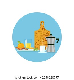 Scrambled eggs breakfast with bacon, geyser coffee maker and coffee. Vector illustration in flat cartoon style.