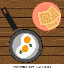 Rühreier für das Frühstück und belgische Waffeln Auf einem Holztisch. Vektor-Abbildung