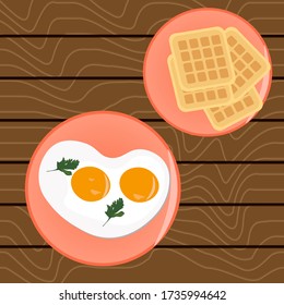 Scrambled eggs for breakfast and Belgian waffles On a wooden table. Vector illustration
