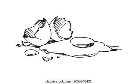 scrambled eggs for breakfast, broken shell, eggnog ingredient, vector illustration with contour lines in black ink isolated on a white background in a hand drawn style