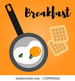 Scrambled eggs for breakfast in a pan and Belgian waffles. Vector illustration