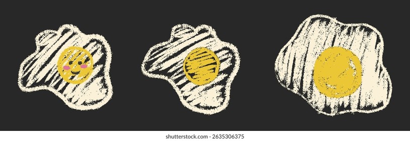 Scrambled eggs chalk textured doodle set. Cute child kawaii style smiley scramble egg. Crayon freehand scribble kids drawings smile breakfast omelet. Isolated hand drawn vector illustration on black