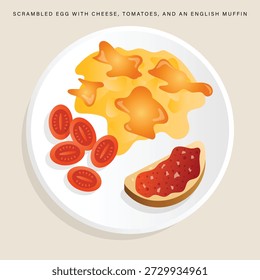 Ovos mexidos com queijo, tomate cereja e muffin inglês com geleia.