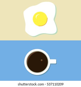 Scrambled eggs and coffee. Scrambled eggs on a yellow background. White cup of coffee on a blue background. The flat design, top view. Vector illustration.