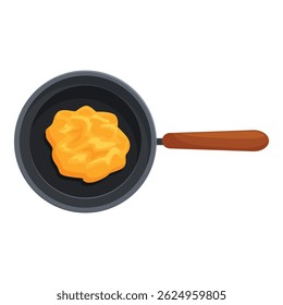 Scrambled eggs are cooking in a frying pan, seen from above