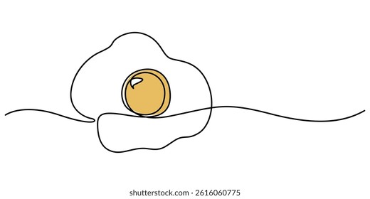 Scrambled eggs drawn with one continuous line, Pro vector, Vector illustration of Fried egg with runny yolk on white background black and white drawing For children to learn to color. World egg day.