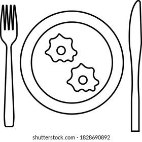 Rührei und Gabelkontur auf weißem Hintergrund. Vektorgrafik, schwarz-weiß. Ideal für Etiketten, Menüs, Plakate, Banner, Gutscheine, Coupons, Geschäftswerbung und vieles mehr.