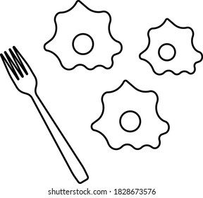Rührei und Gabel auf weißem Hintergrund. Vektorgrafik, schwarz-weiß. Ideal für Etiketten, Menüs, Plakate, Banner, Gutscheine, Coupons, Geschäftswerbung und vieles mehr.