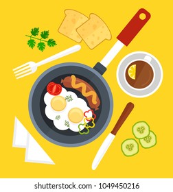 Scrambled eggs fried in frying pan with sausage, tomato and slices of pepper. Table set tea with lemon, napkin, bread, knife and fork. Good morning breakfast concept. Vector flat cartoon isolated