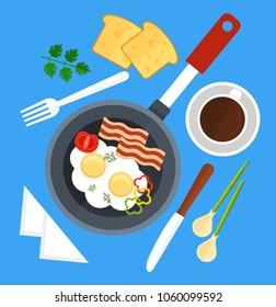 Scrambled eggs fried in frying pan with bacon, tomato and slices of pepper. Table set tea with lemon, napkin, bread, knife and fork. Good morning breakfast concept. Vector flat cartoon isolated
