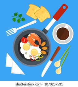 Scrambled eggs fried in frying pan with salmon fish, mussels, tomato and slices of pepper. Table set tea with lemon, napkin, bread, knife and fork. Good morning breakfast concept. Vector flat graphic 