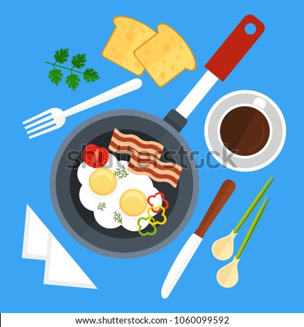 Scrambled eggs fried in frying pan with bacon, tomato and slices of pepper. Table set tea with lemon, napkin, bread, knife and fork. Good morning breakfast concept. Vector flat cartoon isolated
