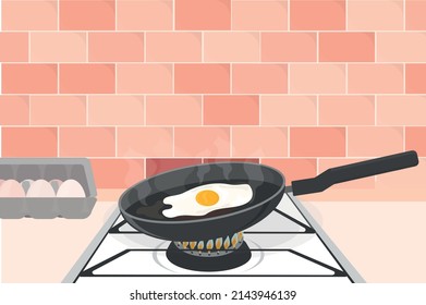 los huevos revueltos se fritan en una sartén sobre una estufa de gas por la mañana para desayunar