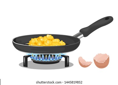 Scrambled eggs in frying pan on gas stove isolated on white background.. Vector illustration of omelet and eggshell in cartoon simple style. Delicious homemade breakfast. Lighted Gas Burner.