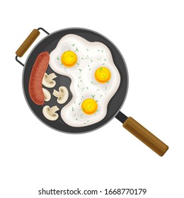 Scrambled Eggs in Frying Pan with Sausage and Mushrooms Top View Vector Illustration