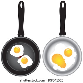 Scrambled eggs in a frying pan in two versions. Vector illustration.