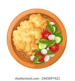 Scrambled eggs with healthy salad, wooden plate of breakfast food. Top view of cooked eggs, cartoon slices of tomatoes and cucumbers, mozzarella cheese and green basil leaves vector illustration