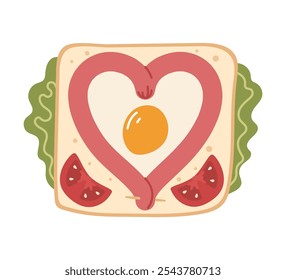 Rührei mit herzförmiger Wurst. Frühstück zum Valentinstag. handgezeichnete Illustration einzeln auf weißem Hintergrund