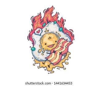 scrambled eggs hugs bacon. Cartoon illustration for print and web. Character in the modern graphic style.