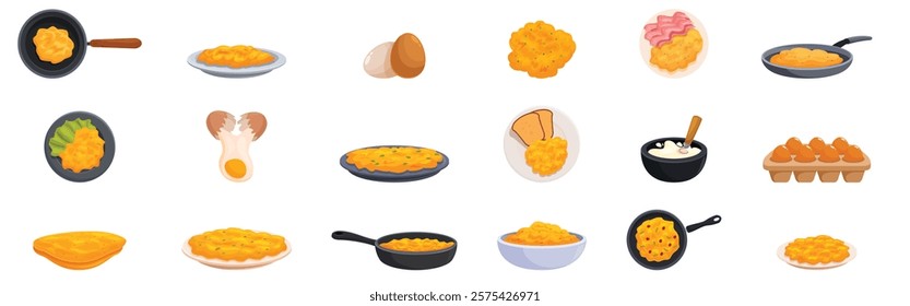  Scrambled eggs icons set. Various stages of cooking scrambled eggs, from raw ingredients to finished dishes, presented with kitchen utensils and serving suggestions