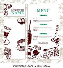 Scrambled eggs, kebab, soup, juice, spoon. Vector illustration of lunch dishes in graphic style. Menu design for cafes, restaurants, bars.