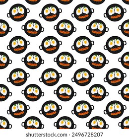 Scrambled eggs with ketchup strip on sausage and green in shape of smiling emoticon Seamless pattern