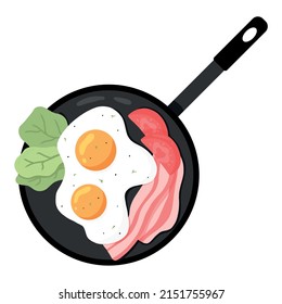 Scrambled Eggs on a pan. Fried Eggs with vegetables and Bacon. Vector illustration in cartoon style. English delicious Breakfast. Omelet with tomato and bacon.
