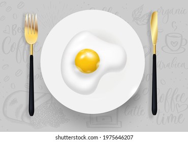 Scrambled eggs on a plate. Good morning poster. Realistic vector design.