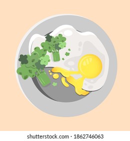 scrambled eggs on a plate and the yellow yolk spreads and broccoli