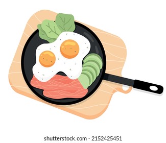 Scrambled Eggs in a pan. Fried Eggs with vegetables and fish Vector illustration in cartoon style. English delicious Breakfast. Omelet with Avocado and Fish.