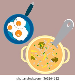 scrambled eggs in a pan and soup in the pot, vector illustration