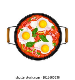 Scrambled Eggs in Pan with Tomato Sauce and Greenery Above View Vector Illustration