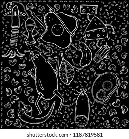 Scrambled eggs, pasta, rice, cheese, sausage, eggplant, cucumber, peas sandwich sausage rice pasta and other doodles on black background