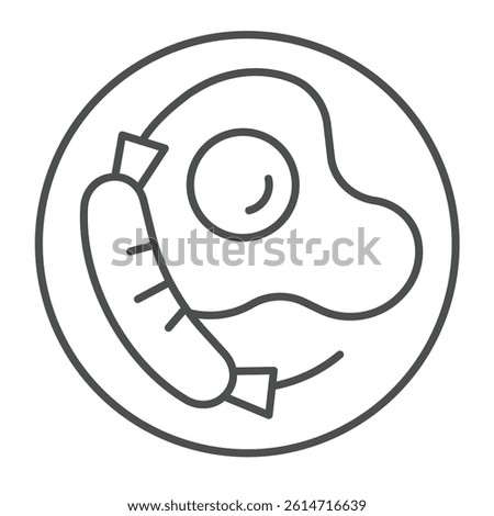 Scrambled eggs and pork sausage thin line icon, culinary cooking concept. Vector graphics. Fried eggs with sausage on plate sign on white background, linear style icon for mobile or web design