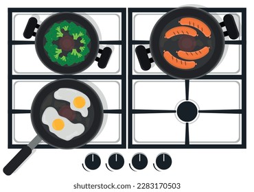 scrambled eggs with sausages and broccoli on a gas stove healthy breakfast at home