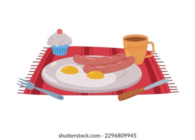 Scrambled Eggs and Sausages on Plate with Cup of Coffee as Tasty Breakfast or Brunch with Typical Food Vector Illustration