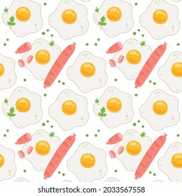Huevos y salchichas, fondo vectorial sin costura. Plantilla para el desayuno con fondo blanco y estilo minimalista. Para menús, empaque, diseño de café.