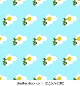 Scrambled eggs. Seamless print of broken eggs and sprigs of parsley. For clothing design, packaging.