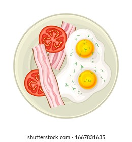 Scrambled Eggs Served on Plate with Sliced Bacon and Tomatoes Vector Illustration
