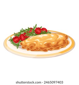 Huevos revueltos con rodajas de tomates cherry y rúcula, placa de vidrio de dibujos animados de la comida de la mañana. Vista lateral de tortilla y ensalada saludable, Ilustración vectorial de huevos de desayuno tradicional suave de dibujos animados