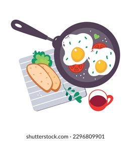 Huevos con tomate en pan de fritura como delicioso desayuno o brunch con la típica ilustración del vector de Top View de Comida