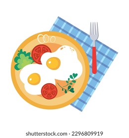 Scrambled Eggs and Tomato on Plate as Tasty Breakfast or Brunch with Typical Food Above View Vector Illustration